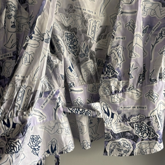 Baum und Pferdgarten tattoo blue white print tie wrap blouse - Picture 8 of 9